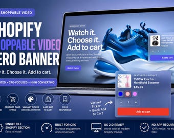 Shopify Shoppable Video Hero Banner, Animated Product CTA Section, Shopify website template