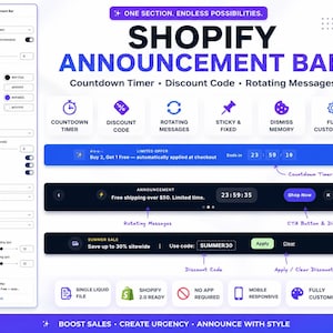 Op de afbeelding: Een Shopify-aankondigingsbalkafbeelding met functies zoals een countdown timer, kortingscode en roterende berichten. Het ontwerp heeft een blauw en zwart kleurenschema, met tekst als "Zomersale" en "Gratis verzending vanaf €50."