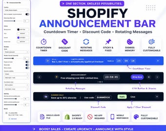 Barre d'annonces Shopify, compte à rebours, messages rotatifs (section liquide)