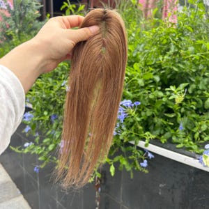 May include: A light brown hair topper with a natural-looking part. The hairpiece is held up against a backdrop of green foliage and blue flowers, showcasing its color and texture. This hair accessory is designed to add volume and coverage.