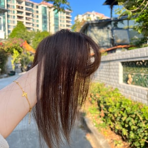 May include: A dark brown hairpiece with long, straight strands and a curled section. The hairpiece is held up, showcasing its color and texture. The background is blurred, with hints of greenery and buildings.