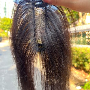 Puede incluir: Un postizo de cabello castaño oscuro con base y clips negros. El postizo tiene un aspecto natural con diferentes tonos de marrón y algunos mechones grises. El cabello está peinado con una ligera onda.