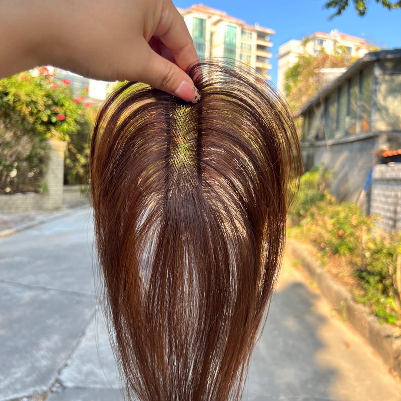 May include: A brown and blonde hair topper held up against a blurred outdoor background. The hairpiece has a mesh base and is made of long, straight strands. The hair is a mix of dark brown and lighter blonde highlights.