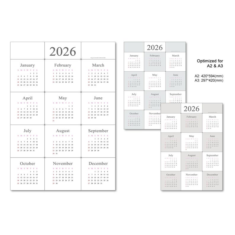 Grey Calanders 2026 Digital Calendar Printable_02 | A2 A3 Wall Calendar | All Colors ...