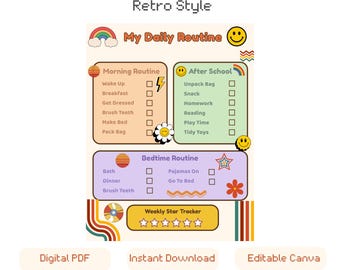 Kids Daily Routine Chart Retro Style | Printable Chore Chart for Kids | Editable Canva Template | Morning & Bedtime Routine