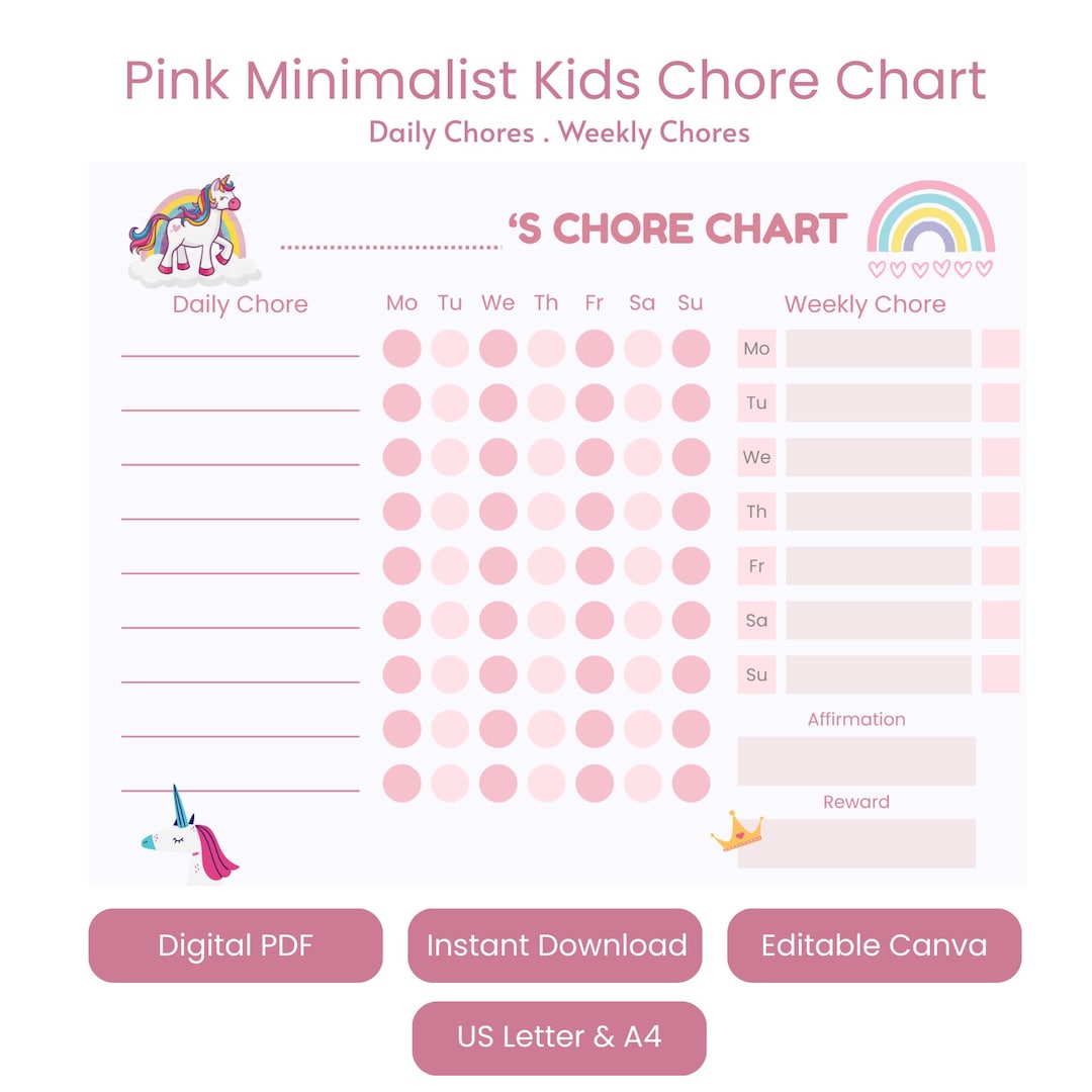 Unicorn Pink Minimalist Kids Chore Chart | Printable Daily & Weekly ...