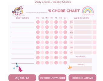 Unicorn Kids Chore Chart | Pink Minimalist Daily & Weekly Tracker (PDF)