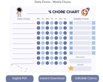 Blue Minimalist Kids Chore Chart | Printable Daily & Weekly Chores | Editable Canva Template | Routine Tracker for Kids