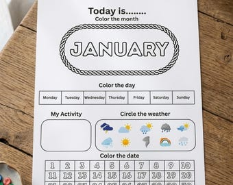 Printable Preschool Calendar Worksheet | Daily Routine Activity | Color the Month Day Date Weather | Kindergarten Work PDF