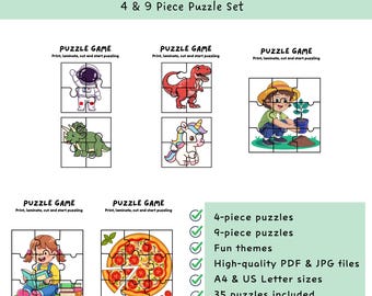Printable Toddler Puzzles | Fun Themes, 4 & 9 Piece Set (PDF PNG)