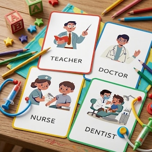 Puede incluir: Cuatro tarjetas educativas con ilustraciones de un profesor, un médico, una enfermera y un dentista con sus respectivos títulos impresos debajo. Las tarjetas están rodeadas de lápices de colores, juguetes médicos y bloques de letras.