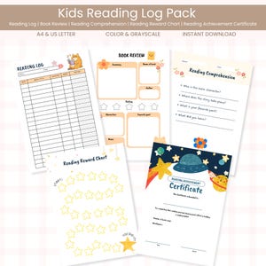 May include: A pack of printable kids' reading logs, book review sheets, reading comprehension worksheets, a reading reward chart, and a reading achievement certificate. The sheets are in color and grayscale, and are A4 and US Letter size.