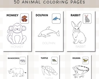 50 Simple Animal Coloring Pages for Kids | Printable Coloring Book (Digital Download)