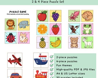 Montessori Puzzle for Toddlers Printable | 2 & 4 Piece Puzzle Set | Preschool Learning Activity | Instant Download PDF