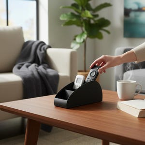 Könnte beinhalten: Ein schwarzer, gebogener Fernbedienungsorganisator auf einem braunen Holztisch. Zwei Fernbedienungen befinden sich in dem Organizer, und eine Hand greift nach einer. Eine weiße Tasse und ein Buch liegen ebenfalls auf dem Tisch.