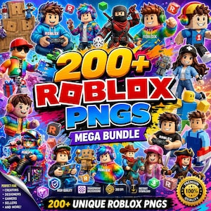 May include: A digital collection of over 200 Roblox PNG images featuring various block-style characters in colourful outfits, gaming gear, and accessories, with the text 200+ ROBLOX PNGS MEGA BUNDLE displayed in bold yellow and white lettering.