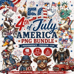 May include: A digital graphic bundle featuring patriotic illustrations of geese, a bulldog on a skateboard, a cat, a highland cow, and an eagle, all wearing American flag-themed accessories. The text reads 50 4th of July America PNG Bundle.