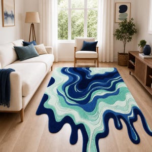Blue Teal Marble Abstract Tufted Rug | Handmade Wool Geode Design Carpet | Modern Liquid Art Floor Decor | Unique Living Room Accent