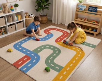 Handgetufteter Spielteppich aus Wolle für Kinder | Bunter Autostrecken-Teppich fürs Kinderzimmer