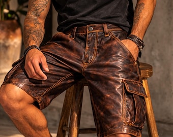 Men's Holiday Leather Cargo Shorts – Rugged Knee-Length Utility Streetwear, Father day spacial gift