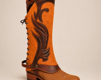 Leather Look Lace-Up Boot Cover, Western Style Calf Gaiter, Scroll Overlay Accessory
