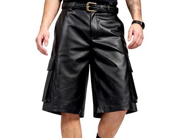 Sheepskin Leather Cargo Shorts | Men’s Black Leather Shorts | Relaxed Fit Utility Shorts | Streetwear Knee Length Style