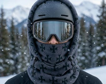 Fleece Balaclava | Hooded Neck Gaiter | Iron Cross Print | Adjustable Winter Face Mask | Streetwear Ski Gear