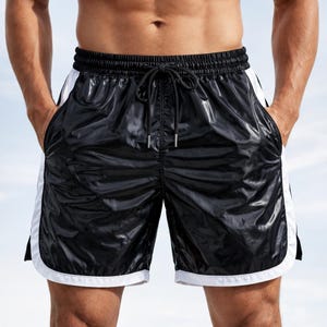 May include: Black athletic shorts with white side stripes and trim. The shorts have a drawstring waist and a shiny, reflective material. The shorts are designed for athletic activities and casual wear.