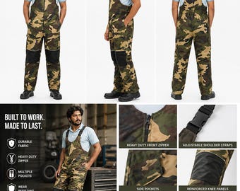 Salopette da lavoro mimetica da uomo / Pantaloni con pettorina trapuntati e foderati con inserti sulle ginocchia