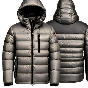 May include: A silver puffer jacket with a hood, displayed from the front and back. The jacket features a black zip, pockets, and a black panel on the upper back. Designed for warmth and protection from the elements.