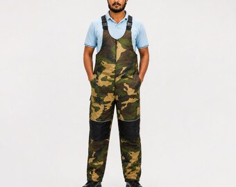 Men's Camo Work Overalls | Quilted Lined Bib Pants with Knee Panels