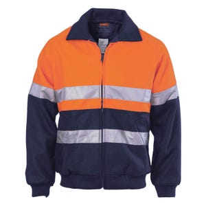 May include: An orange and navy blue work jacket with reflective silver stripes. The jacket has a full zipper, a navy blue collar, and navy blue sleeves and bottom. The jacket is designed for high visibility and safety.