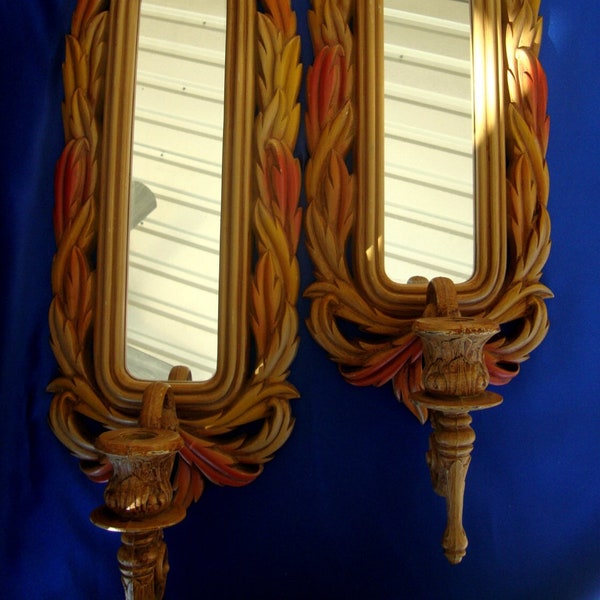 Pair of wall candle sconces Burwood Products mirror mirrored vintage faux wood decor