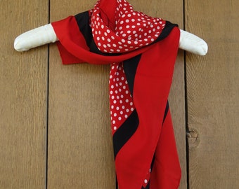 Vintage signed Bill Blass designer silk scarf red and black with white polka dot design hand rolled edges 31" square