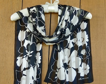 Vintage AK Anne Klein long silk scarf rectangular black and white floral hand rolled silk