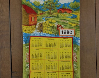 Asciugamano da cucina in lino con calendario vintage del 1980: arredamento con scena di campagna