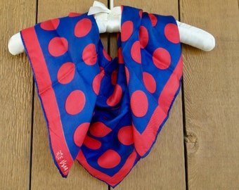 Bright Vera Neumann polka dot silk scarf 26" x 25" square navy with red hand rolled edge vintage