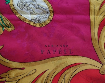 Pañuelo de seda vintage de Adrienne Papell: retrato rojo y dorado, hecho a mano
