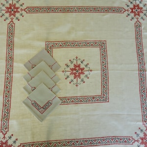 Vintage Karte Tischdecke und Serviette abgesetzt weißes Leinen bestickt rot und schwarz Kreuzstich geometrisches Design 33 &quot;x 34&quot; Servietten 10 &quot;Quadrat