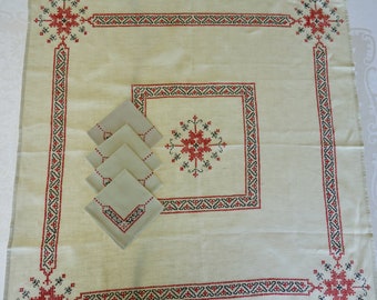Vintage Linen Tablecloth & Napkins: Embroidered Cross Stitch, Geometric Design