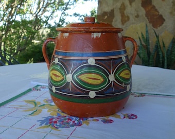 Vintage Mexican terra cotta covered jar bean pot red clay folk art pottery Tlaquepaque