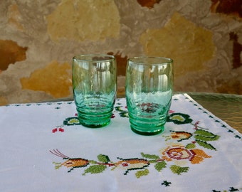 Libbey green glass tumblers banded ribbed swirl set of 2 glasses