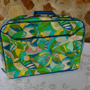 Vintage mod vinyl suitcase Japan 1960s 1970s bright green blue yellow polka dot interior 20&quot; x 14&quot; x 5&quot;