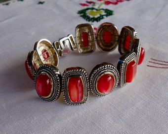 Vintage slide bracelet red stones silver tone magnetic clasp mid century chunky