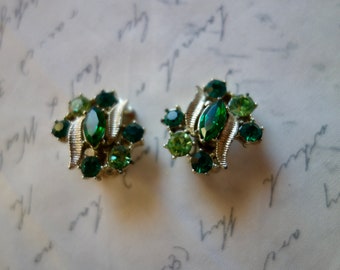 Vintage signed Coro clip on earrings gold tone emerald and peridot light green rhinestones