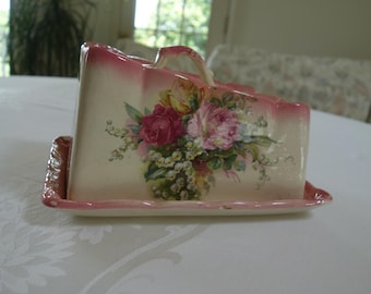 Antique Victorian cheese keeper covered butter dish pink with flowers ironstone