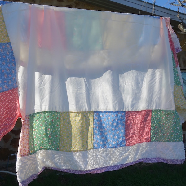 jupe de berceau vintage volants de poussière carrés patchwork avec bordure chenille faite à la main 66 " x 80 "