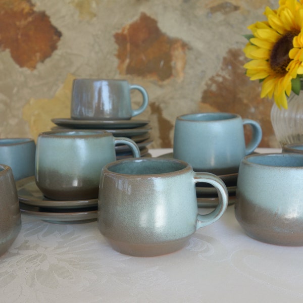 Frankoma Woodland Moss blue pottery Westwind cup and saucer set 6C and 6E ten sets available also 2 saucers