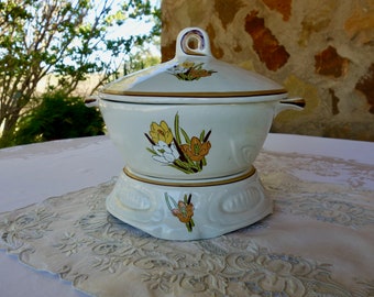 Vintage Cal Orig 1132 stoneware soup tureen with lid and warming base country farmhouse kitchen crocuses floral