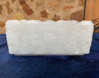 Vintage Anchor Hocking Fire King white milk glass planter vase rectangular grapevine motif